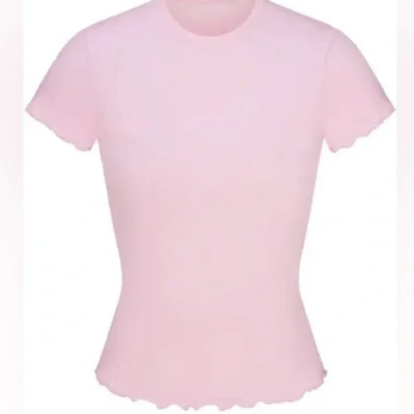 SKIMS Logo Pointelle Shirt Womens XS Cherry Blossom Pink Printed Stretch NWT - Picture 1 of 9